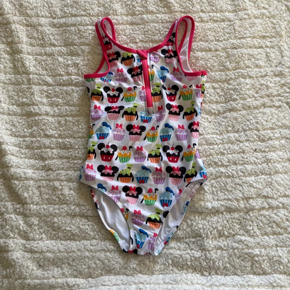 Disney Girls Mickey Minnie Cupcake One Piece Swimsuit Pink‎ White Zip Front 7/8